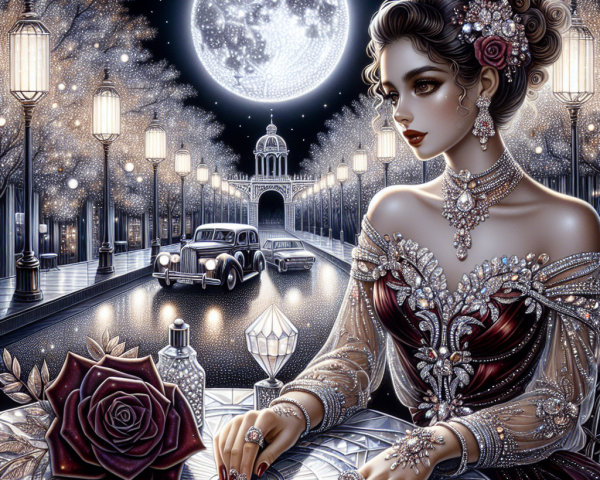 Glamorous Woman in Opulent Gown by Moonlit Street