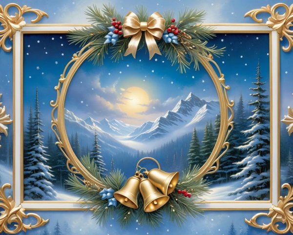 Winter Landscape with Snow-Covered Mountains and Wreath