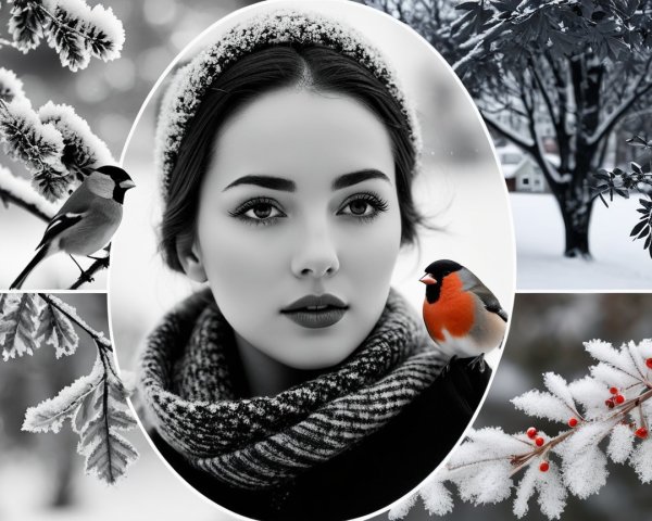 Black-and-white portrait of a woman in winter setting