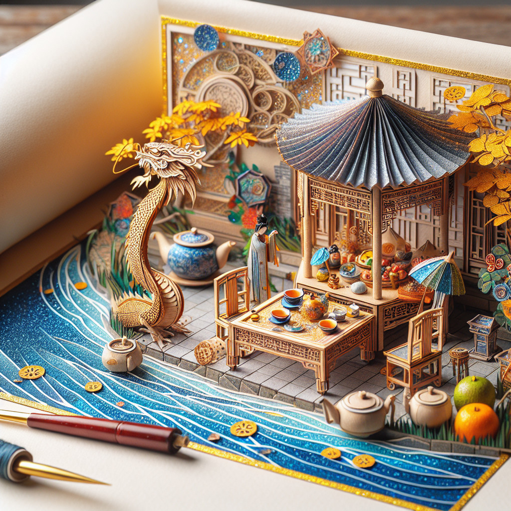 Intricate Paper Diorama of Serene Asian Riverside Scene