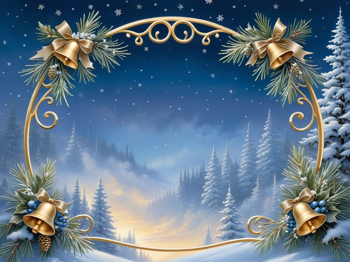 Winter Landscape with Golden Ornaments and Snowflakes