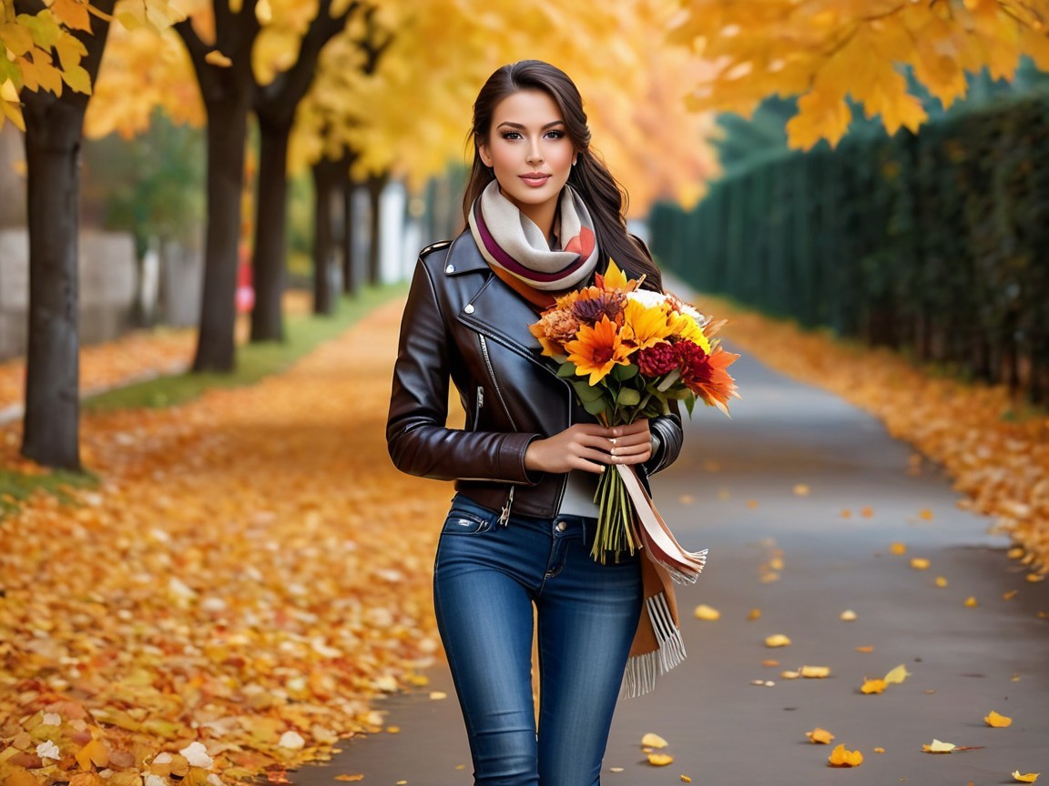 Stylish Woman on Autumn Path with Colorful Leaves