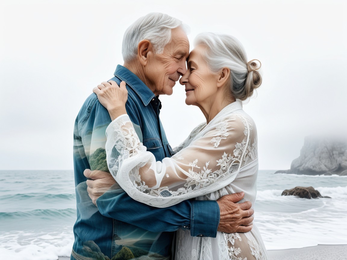 Elderly Couple Embracing on a Serene Beach