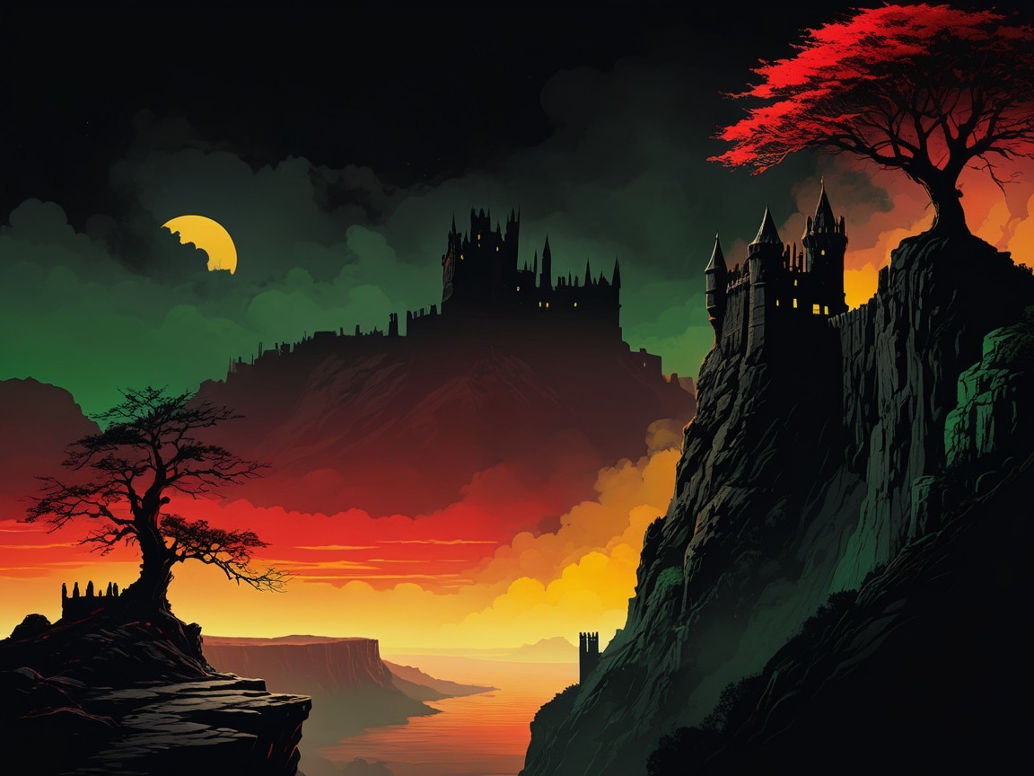 Dramatic Landscape with Castle and Vibrant Sunset