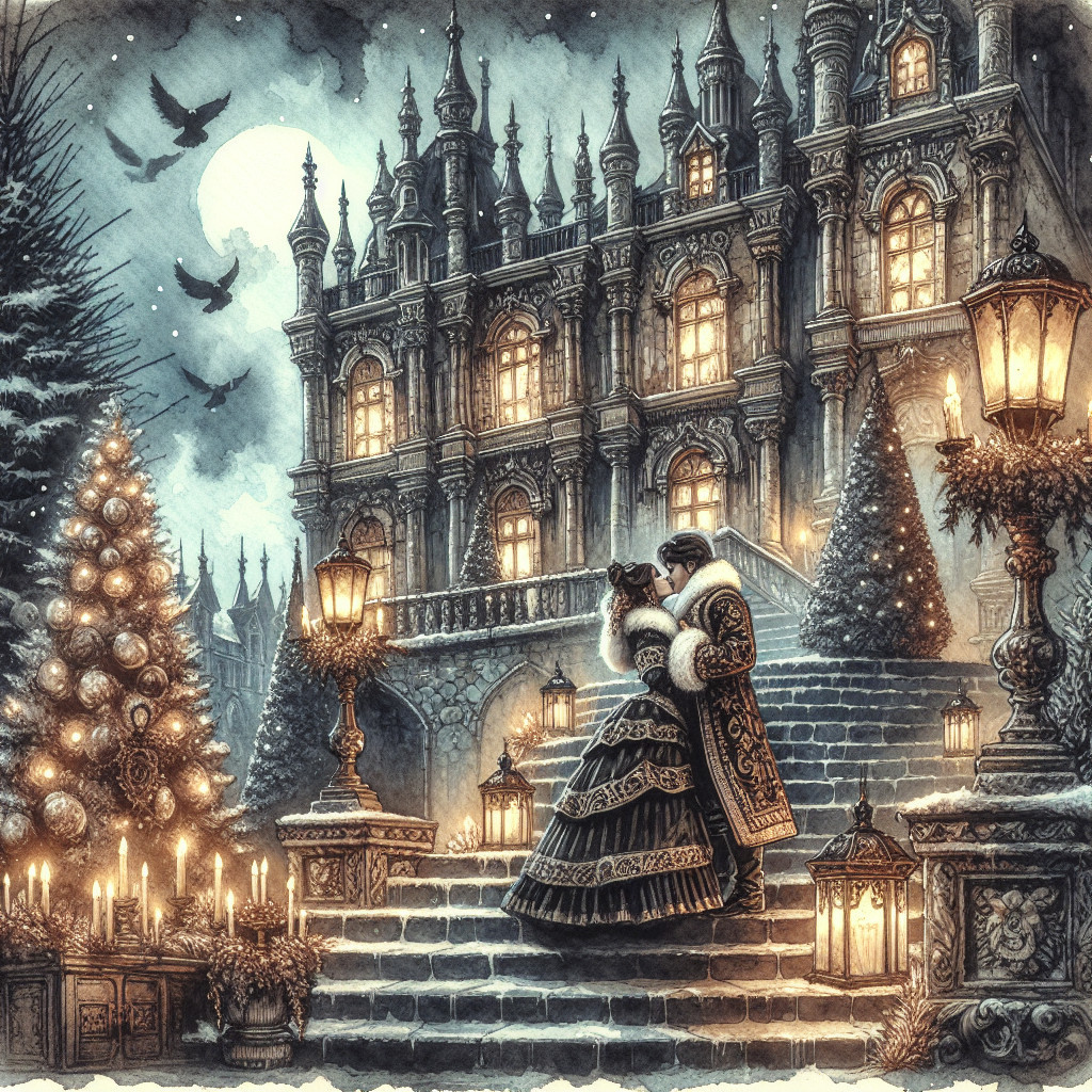 Romantic Snowy Night Scene with Elegant Couple and Castle