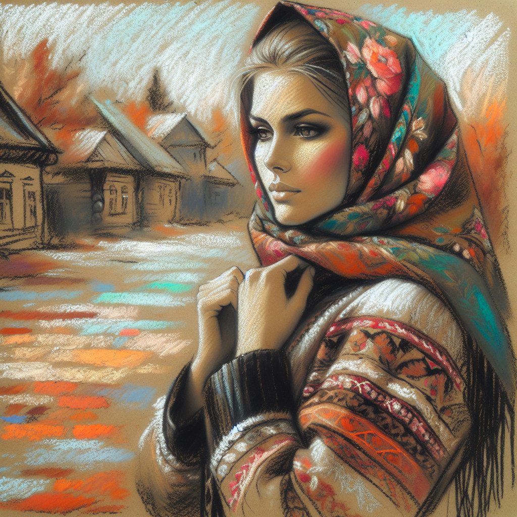 Young Woman in Floral Scarf Amid Autumn Landscape