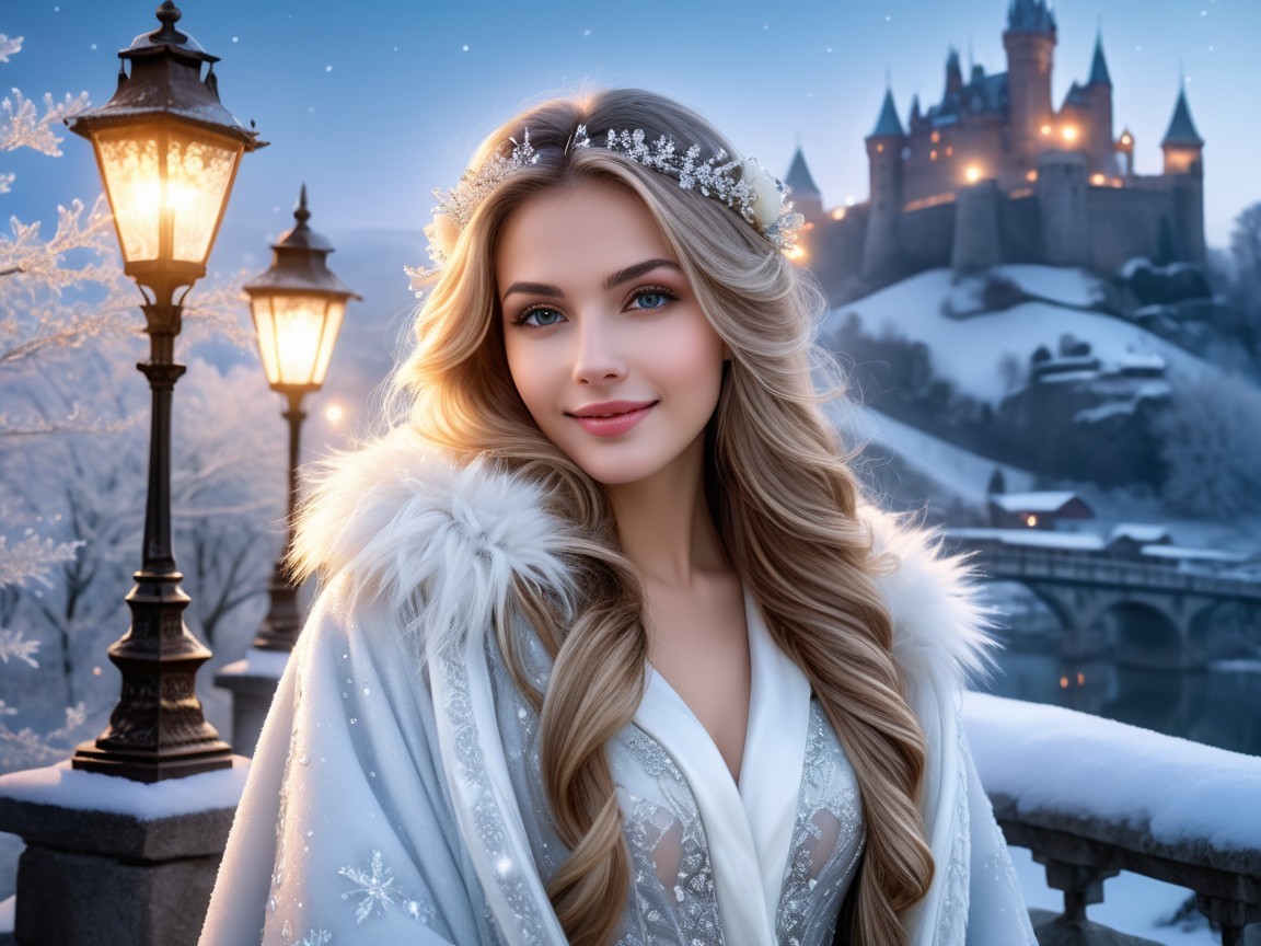 Woman in Silver Gown in Snowy Landscape with Castle