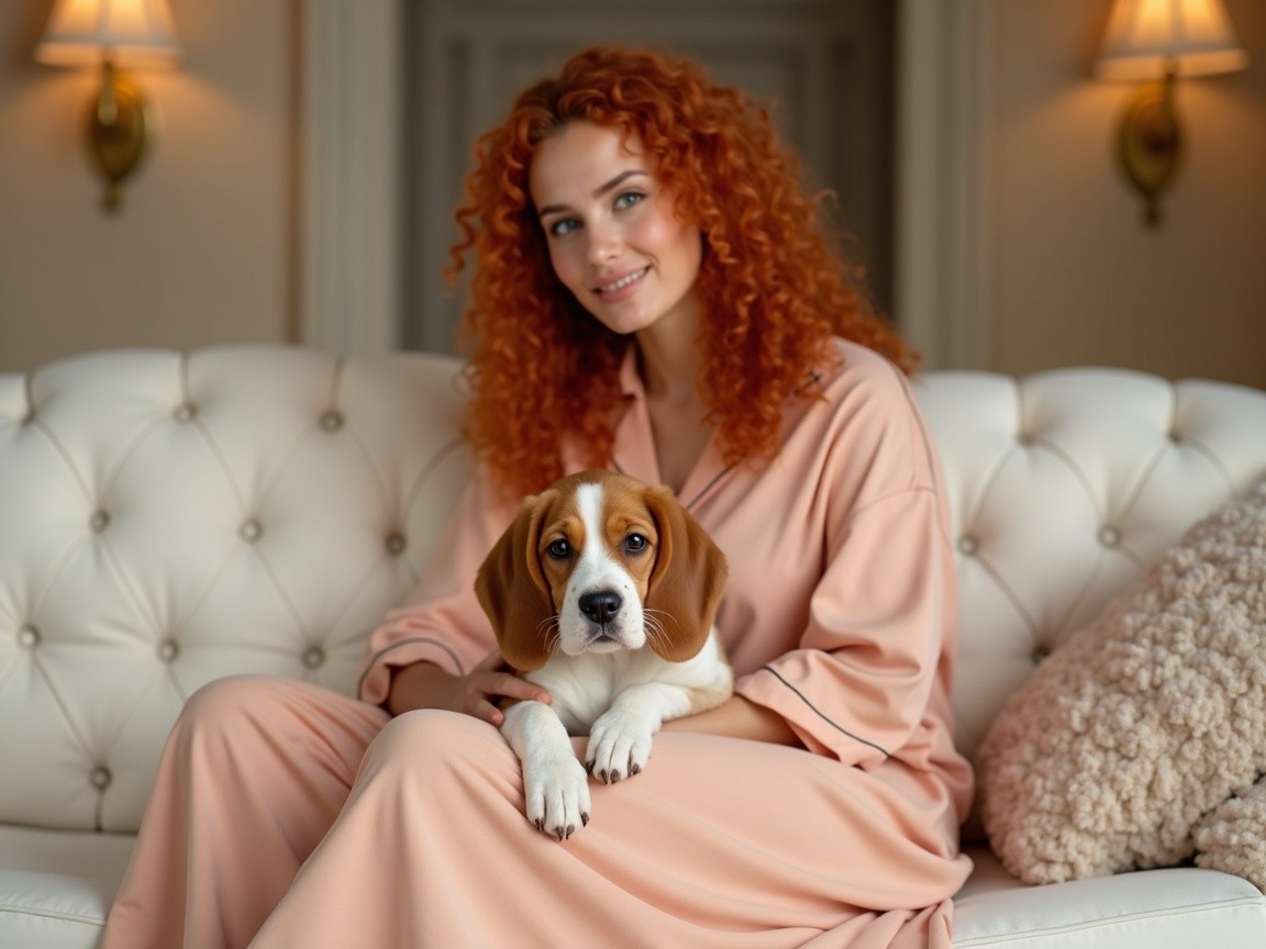Woman with Red Hair and Beagle Puppy on Sofa
