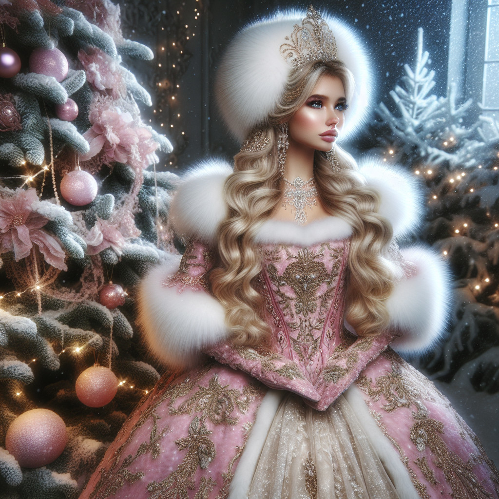 Elegant Figure in Pink Gown in Winter Wonderland Scene