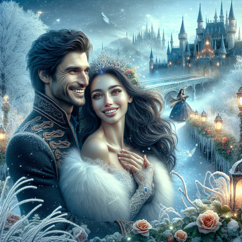 Couple in Winter Landscape with Castle and Lanterns