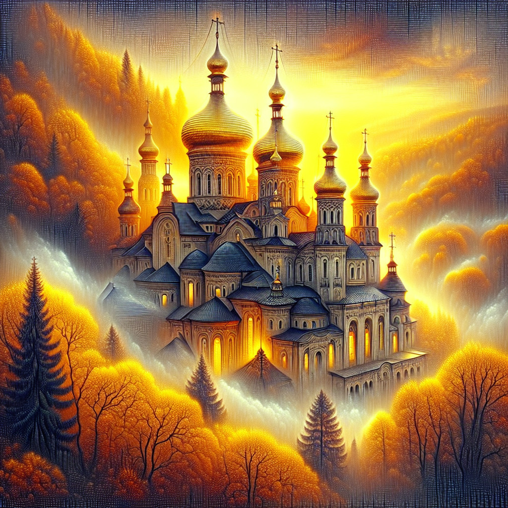 Ethereal Cathedral in Misty Autumn Landscape