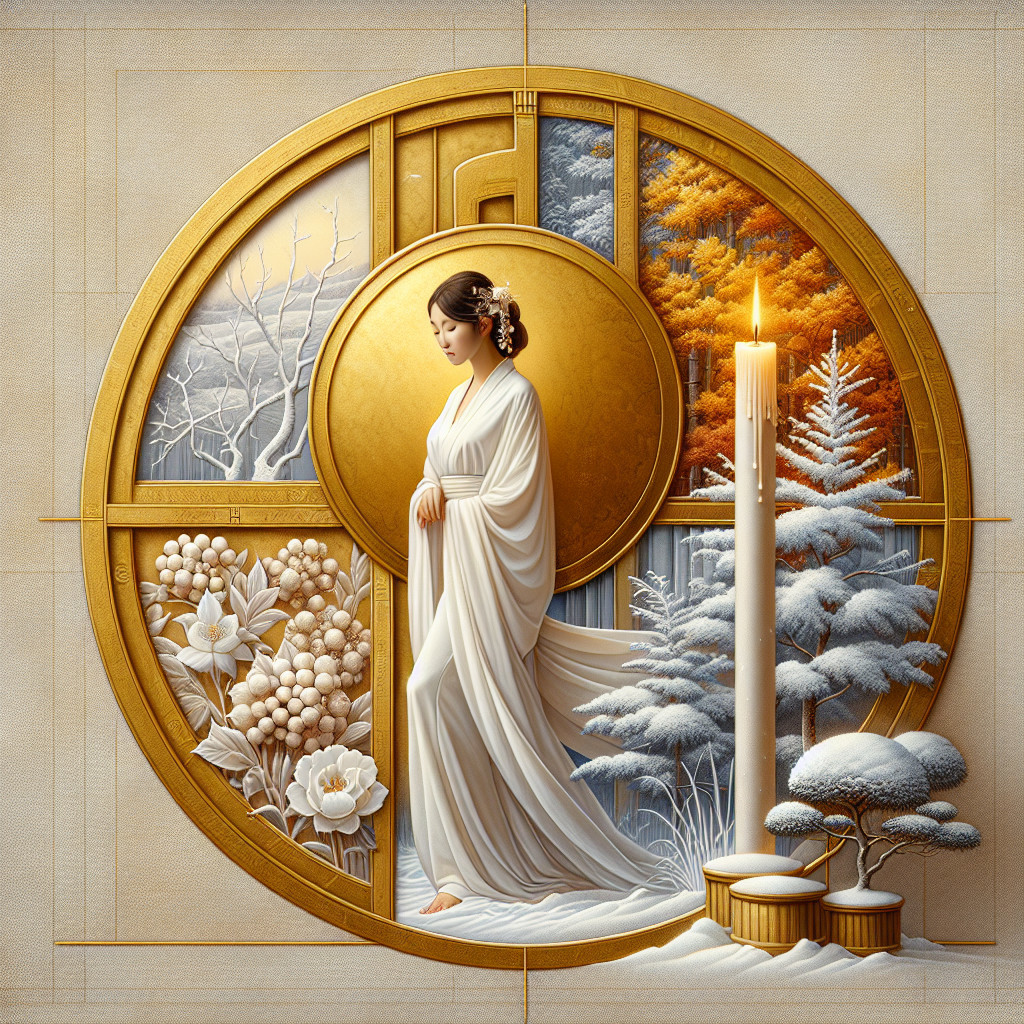 Serene Woman in White Gown Amidst Seasonal Landscapes