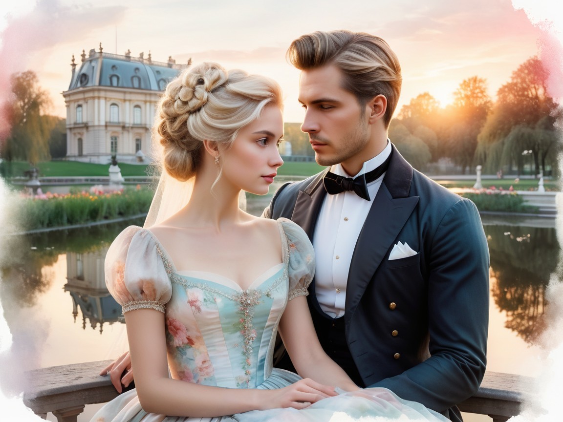 Elegant Couple by Serene Lake at Sunset