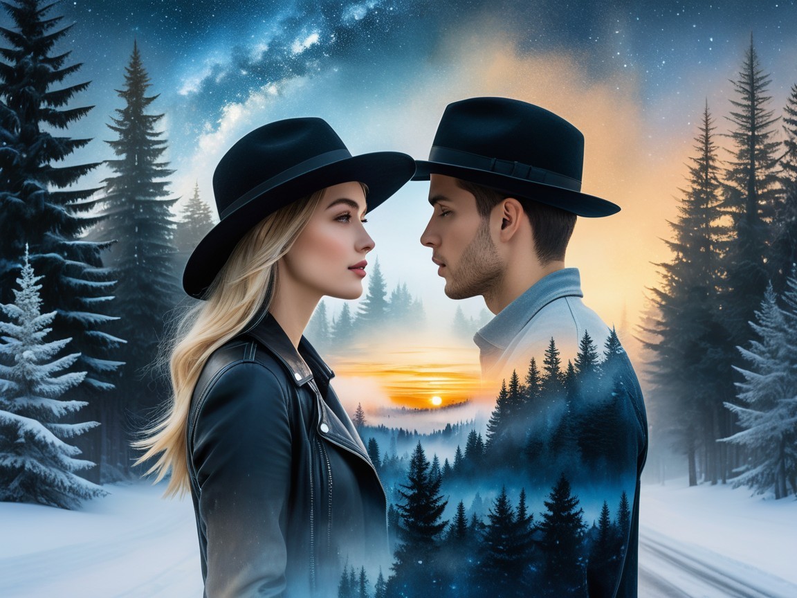 Couple in Black Hats in Surreal Winter Landscape