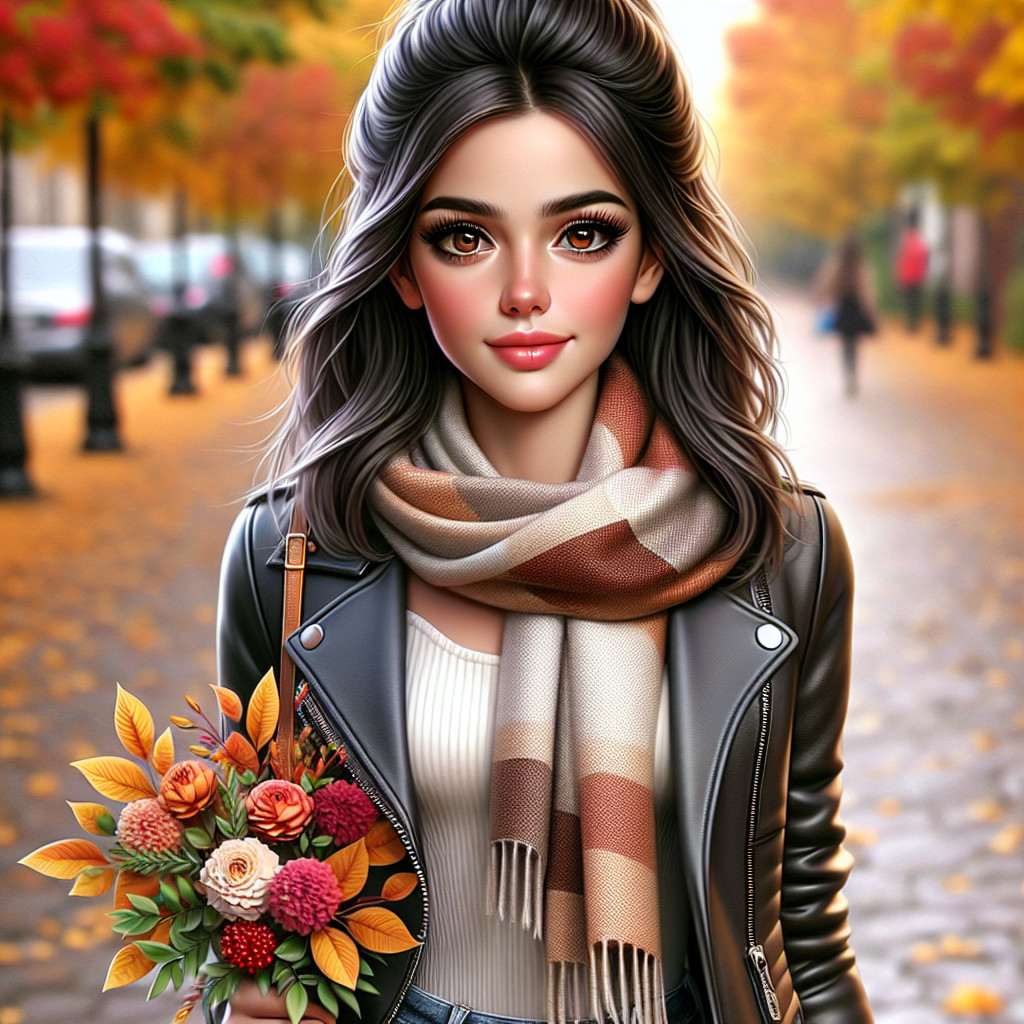 Young woman in autumn street with colorful foliage