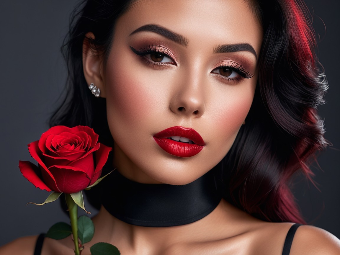 Portrait of a Young Woman with Bold Makeup and Rose