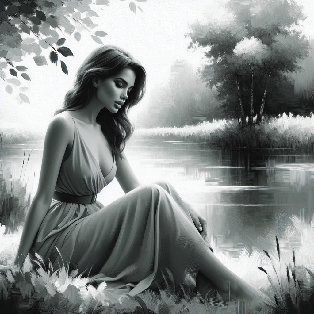 Serene Black-and-White Scene of Woman by River