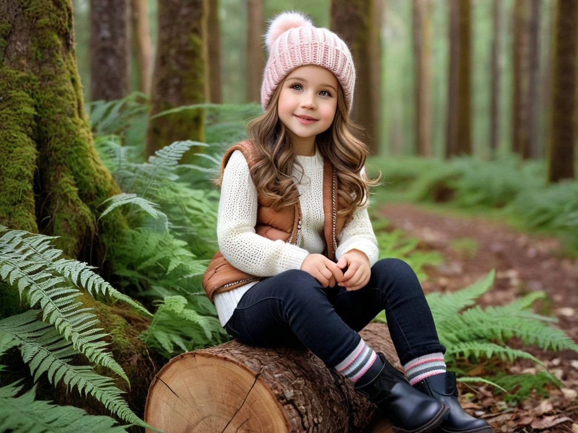 Young girl in cozy attire sitting in a lush forest