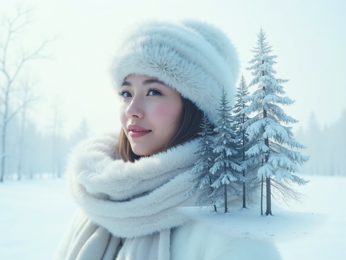 Winter Landscape with Woman in Fur Hat and Scarf