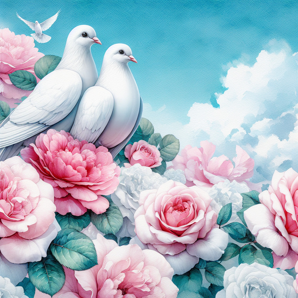 White Doves Among Blooming Pink and White Roses