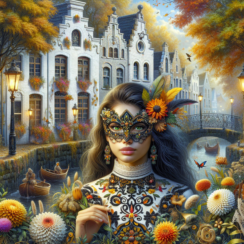 Woman in decorative mask amid autumn flowers and canal