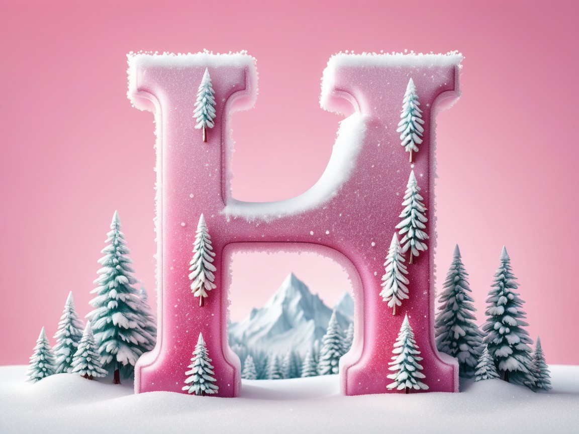 Frosty Pink Letter "H" in Winter Landscape Scene