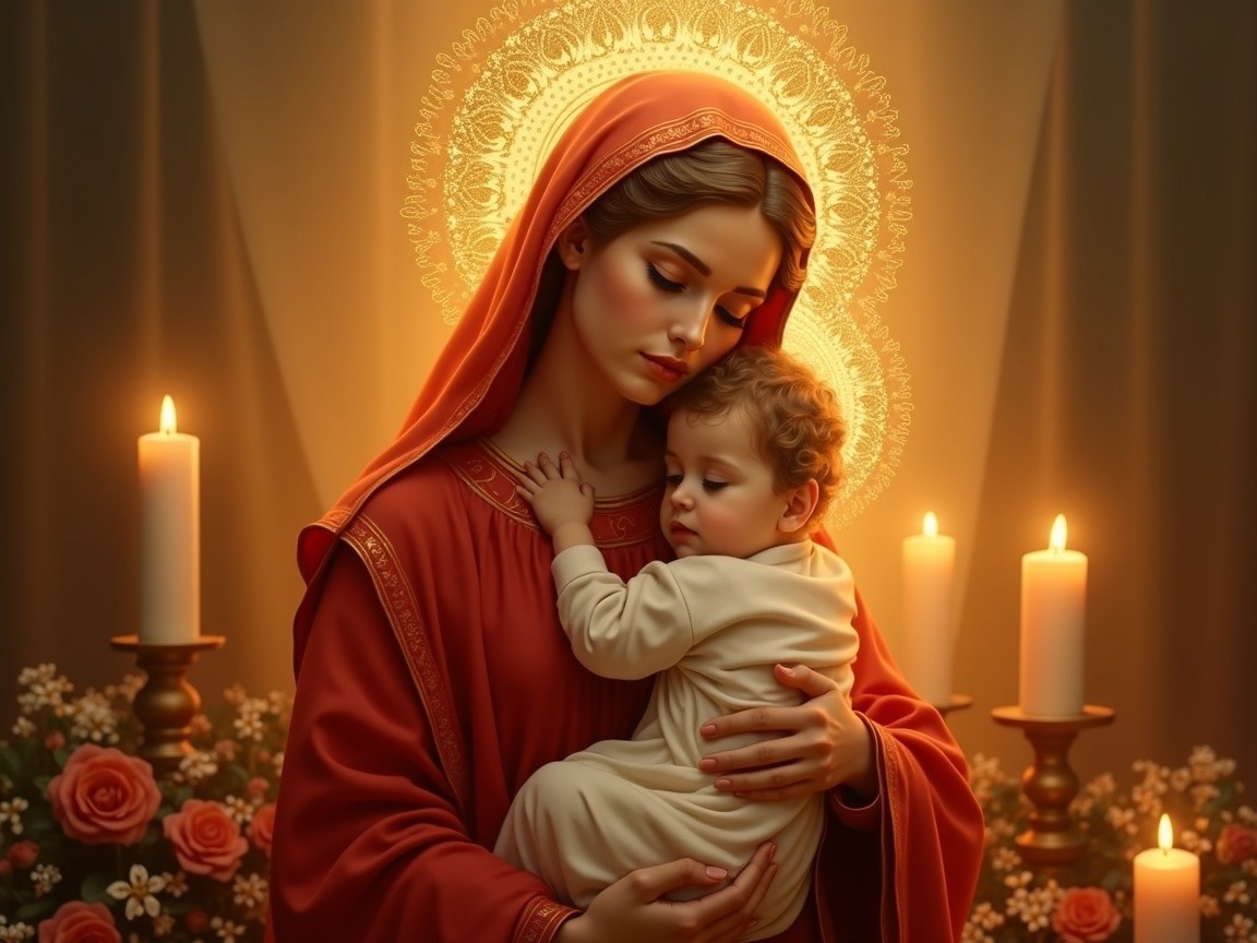 Mother and Child in Warm Light with Roses and Candles