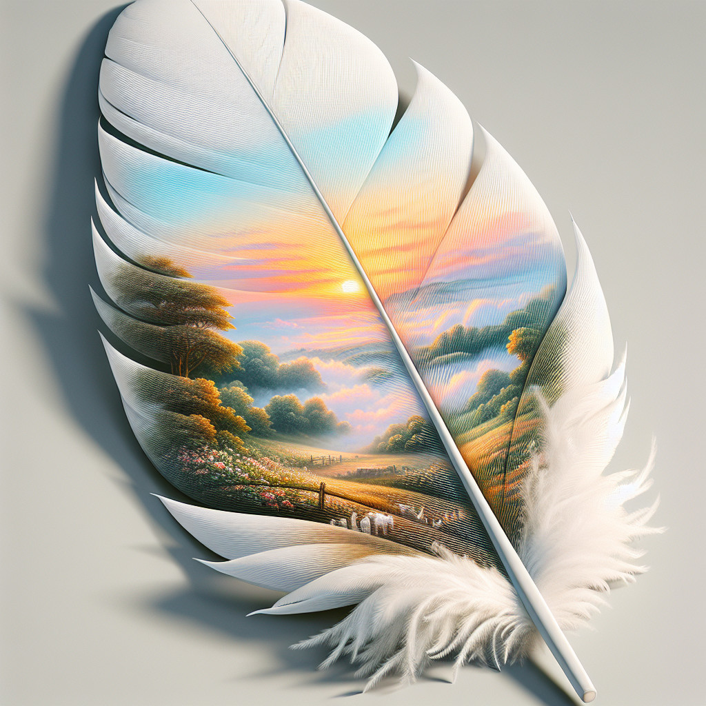 Intricate Feather with Serene Landscape Painting