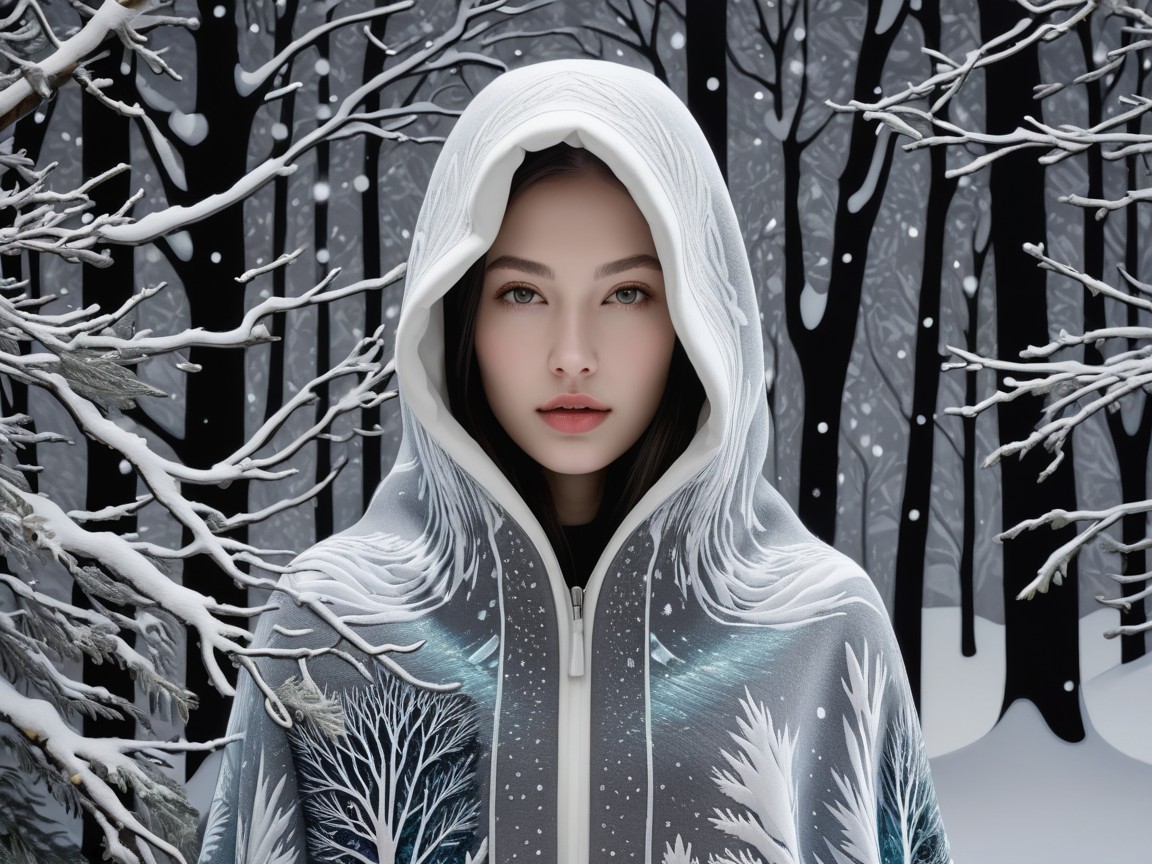 Young Woman in Hooded Cloak in Snowy Forest