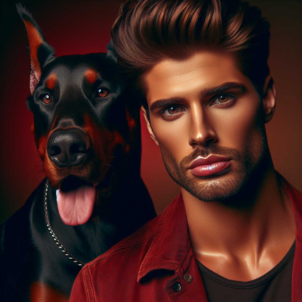 Portrait of a man and a Doberman in warm tones