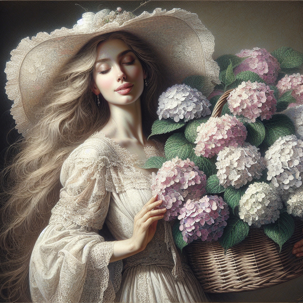 Elegant Woman with Hydrangeas in Vintage Gown
