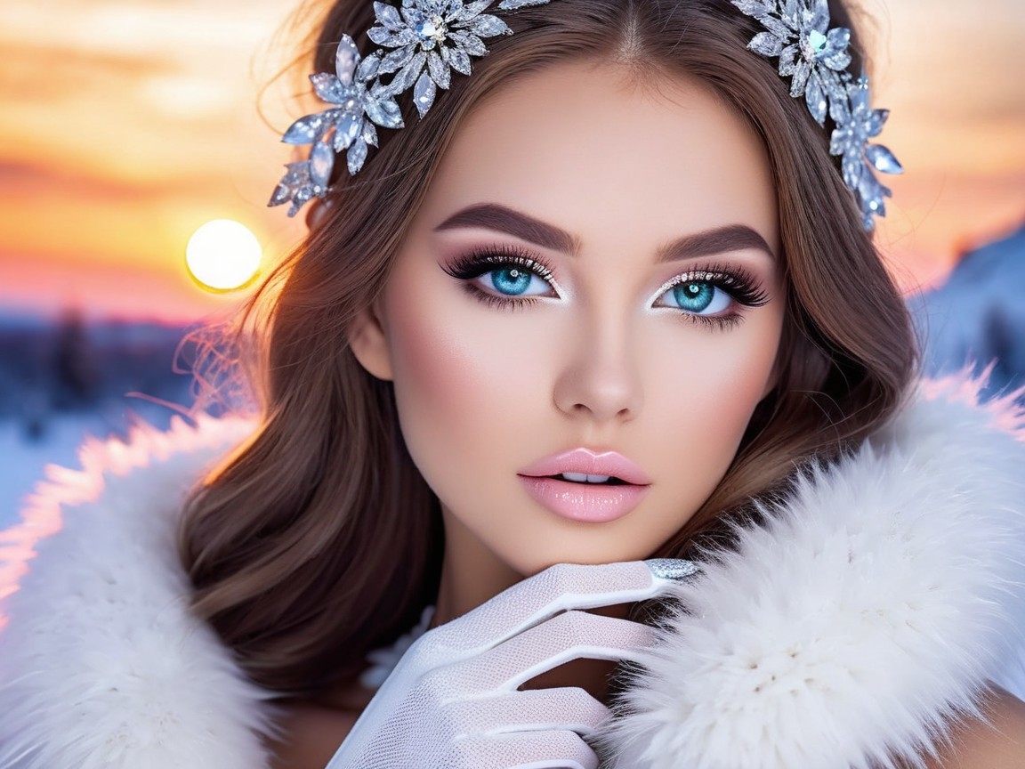 Young Woman in Elegant Winter-Themed Sunset Portrait