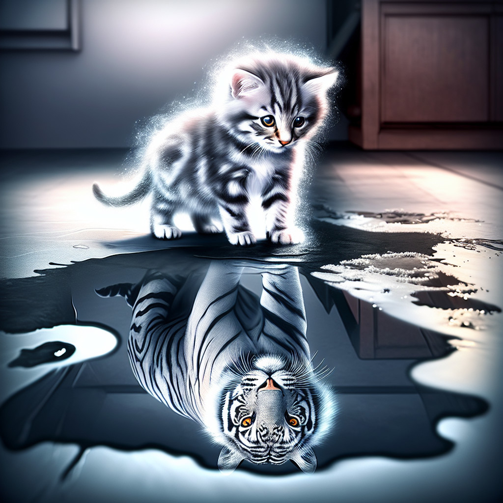 Fluffy Silver Kitten Reflects Majestic White Tiger