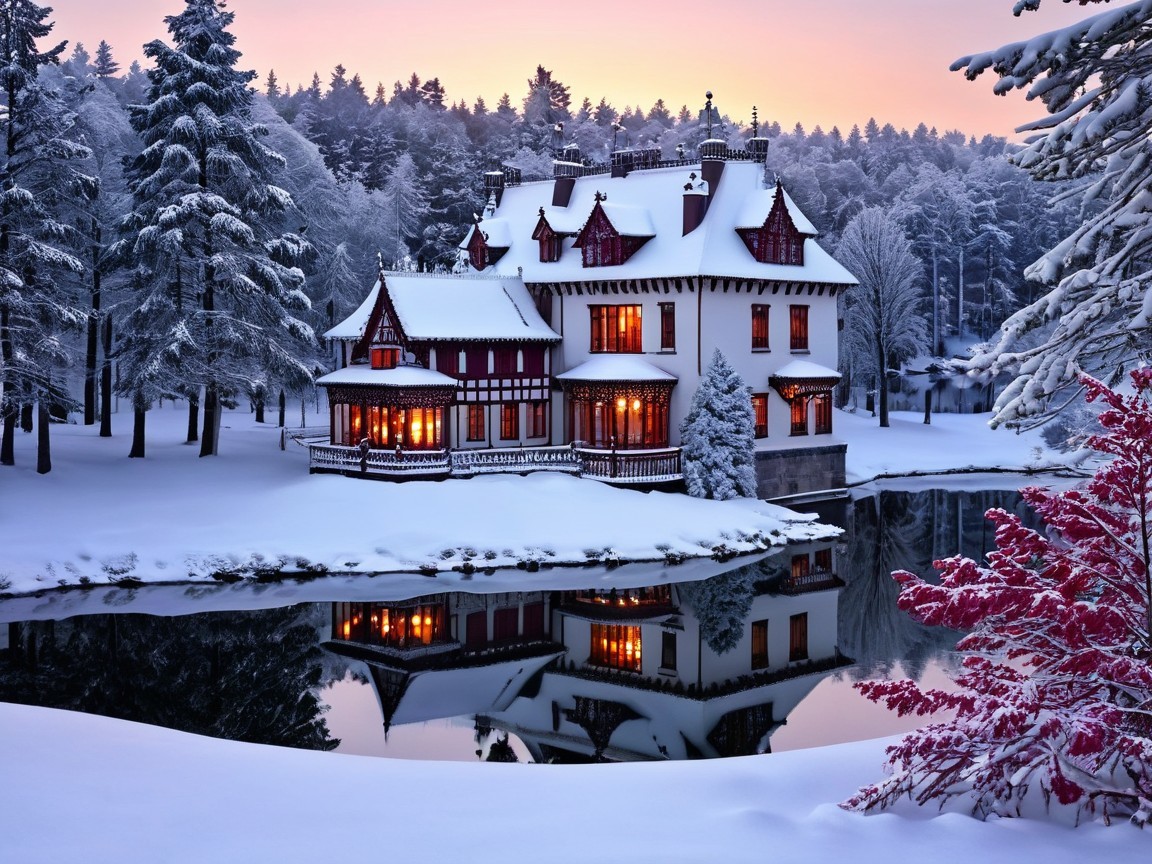 Snow-Covered Mansion by a Serene Lake at Dusk