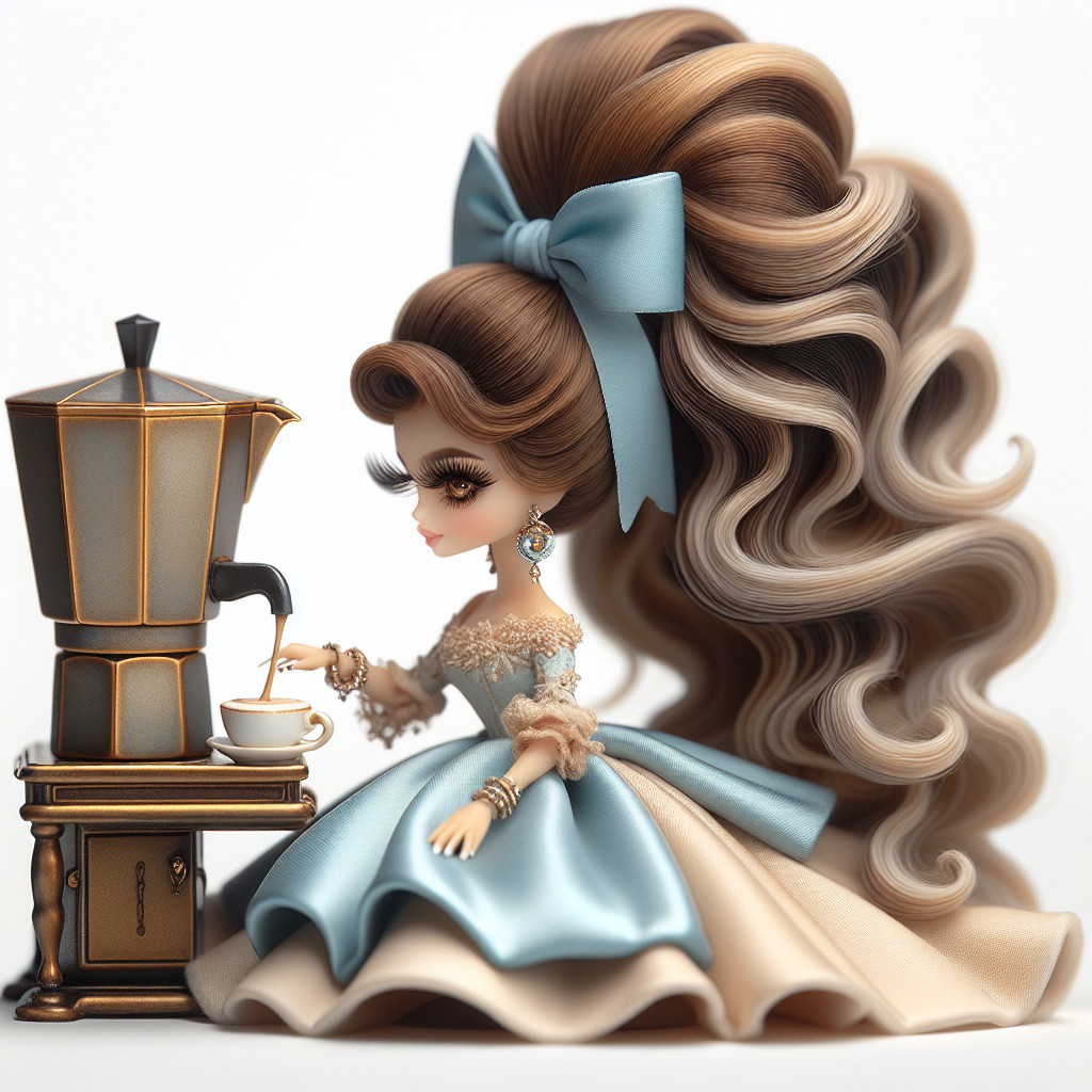 Stylized doll with luxurious hair beside vintage coffee machine