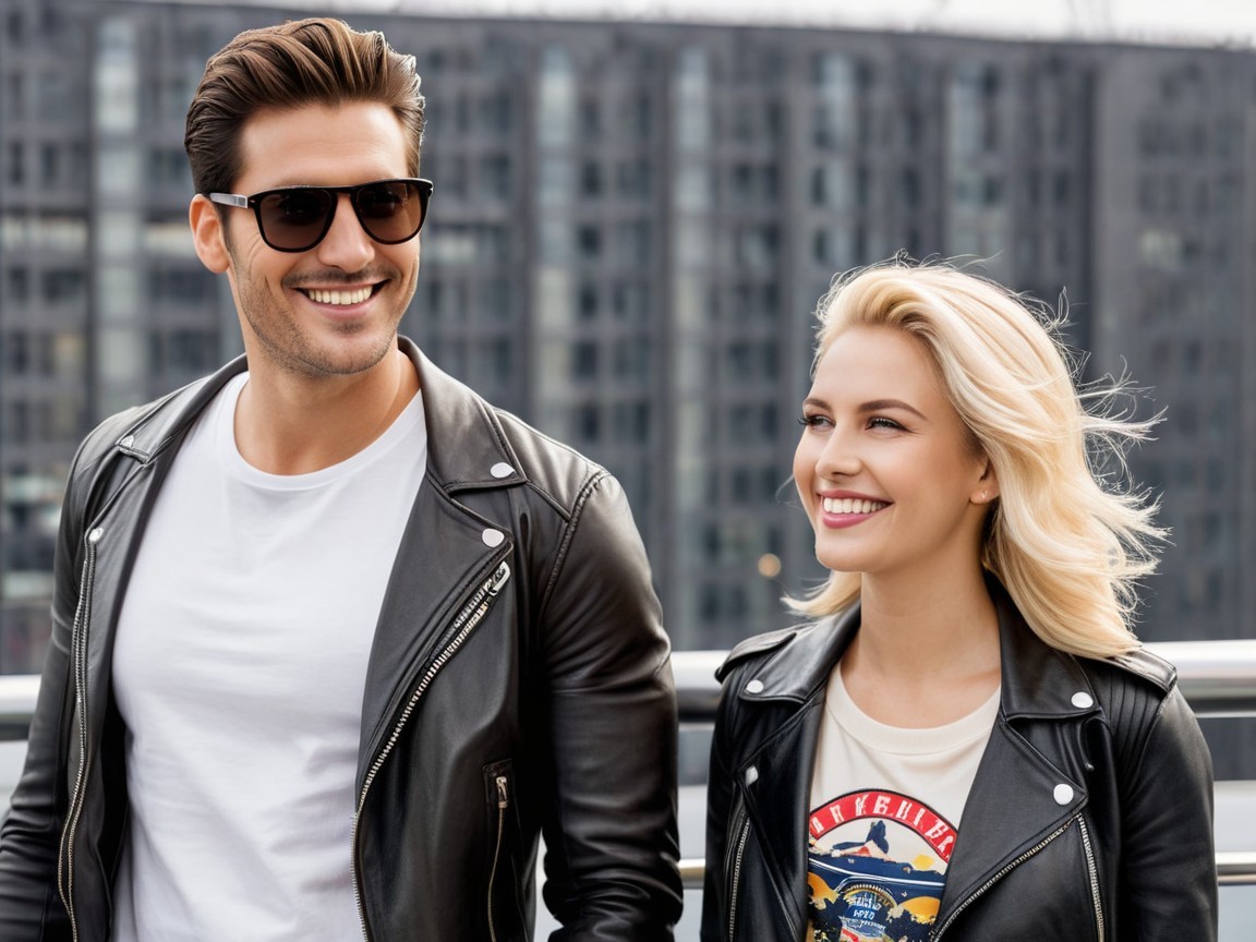 Stylish Couple in Leather Jackets on Sunny Day Outdoors