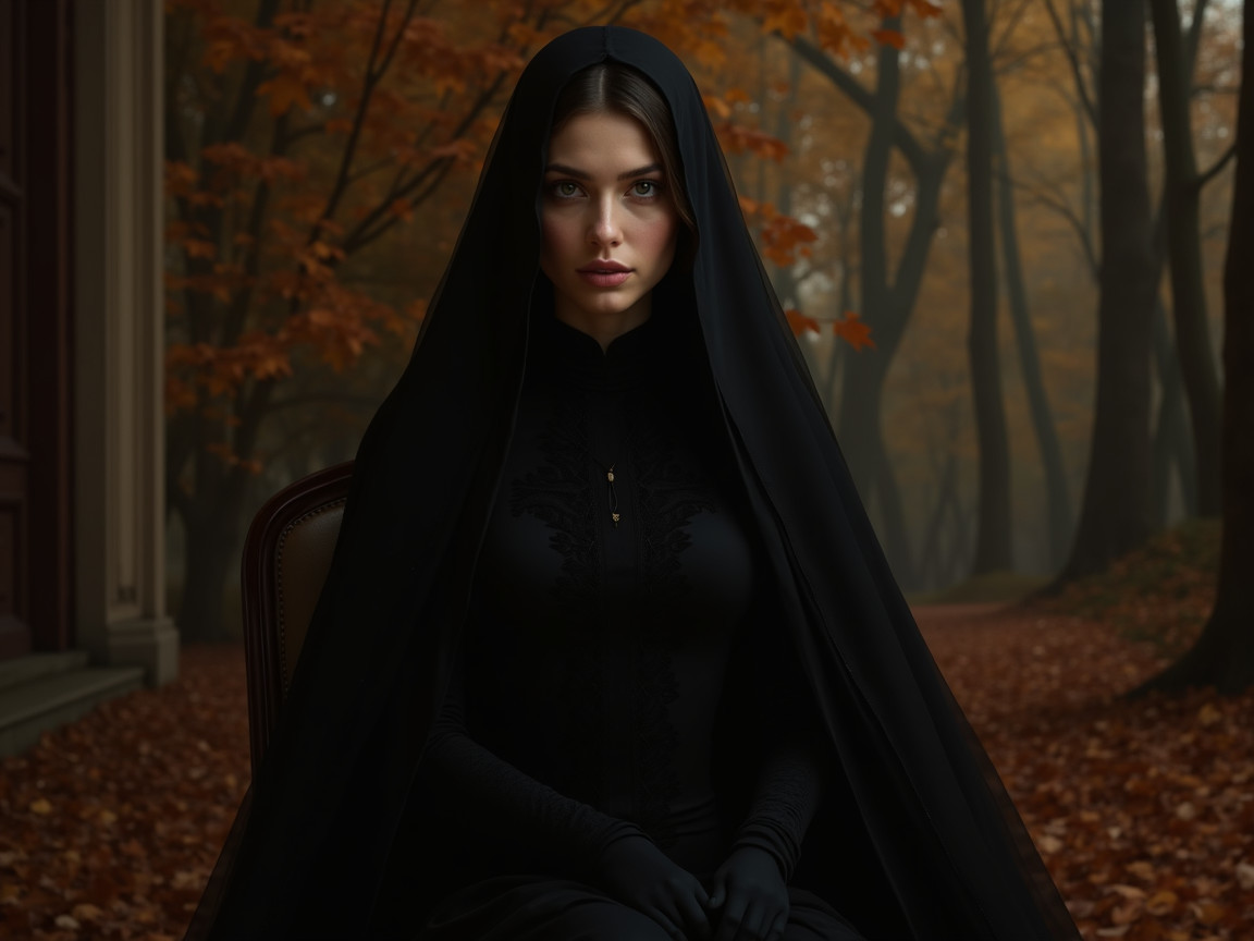 Woman in black veil in autumn forest setting