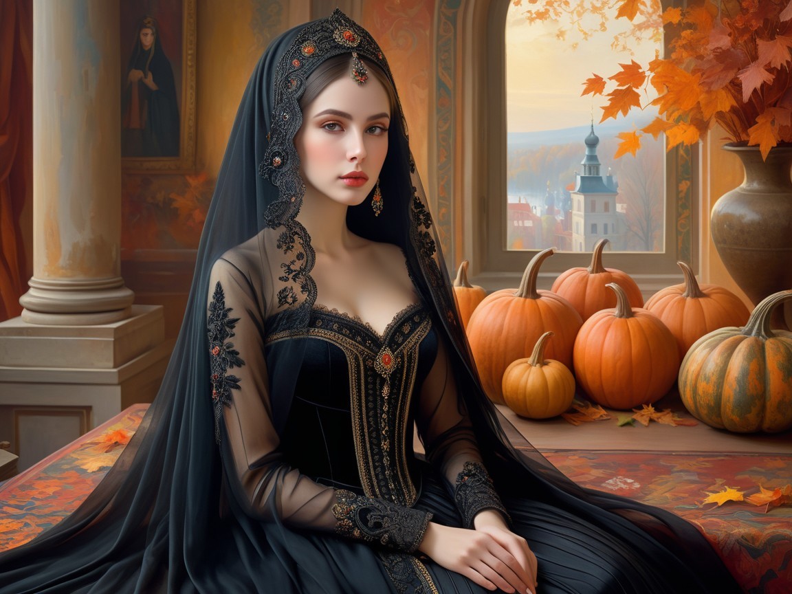 Elegant Woman in Black Gown Surrounded by Autumn Decor