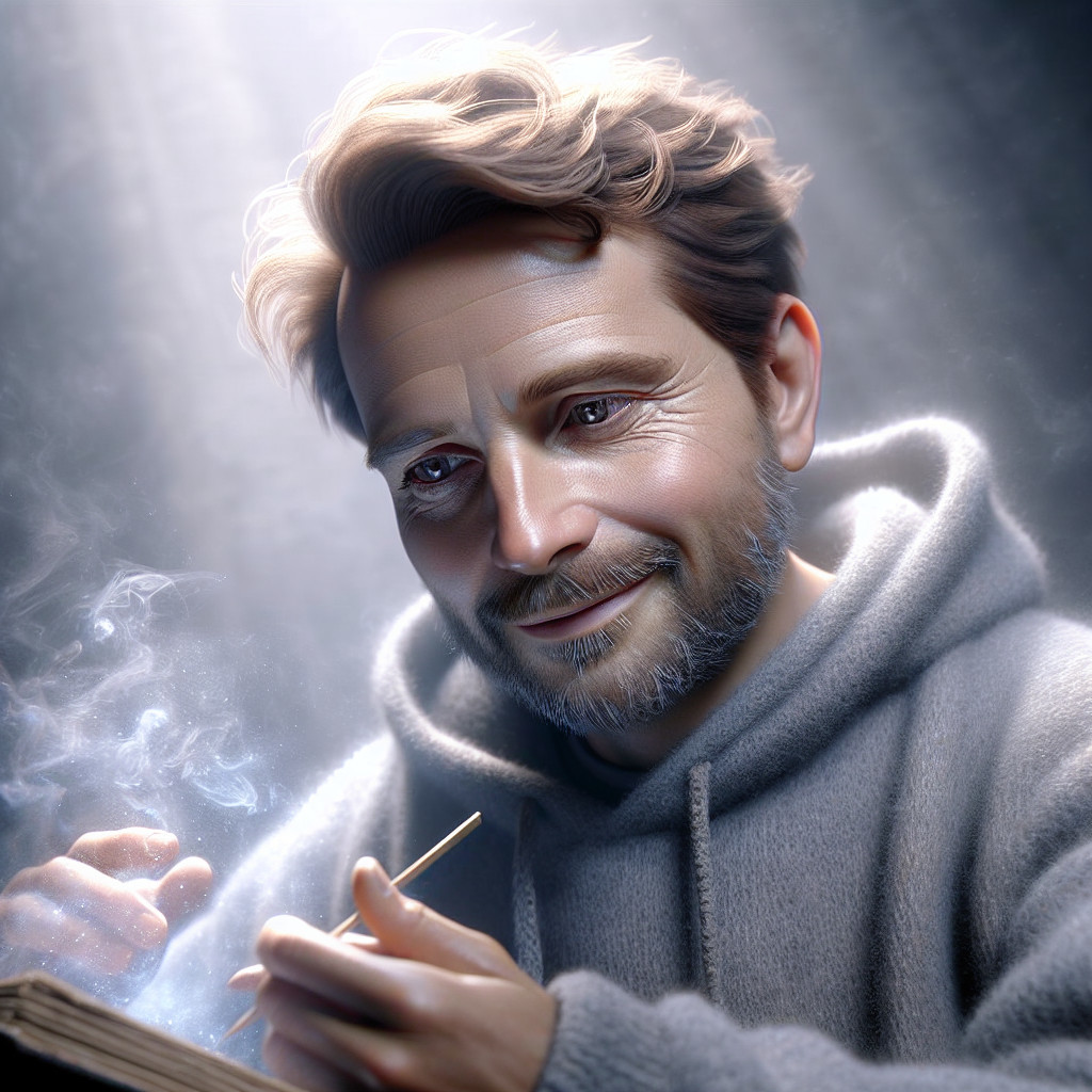 Thoughtful man in cozy hoodie working with pencil