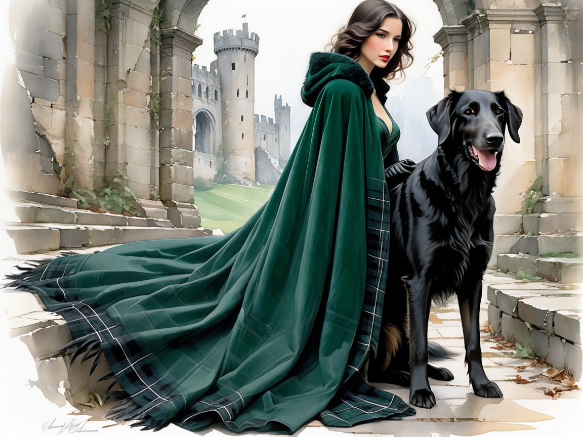 Regal Woman in Green Cloak with Black Dog and Castle