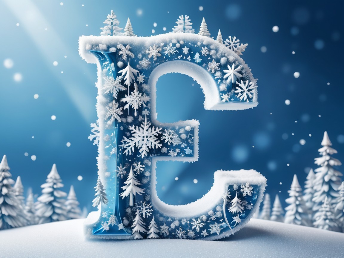 Stylized Letter E with Snowflakes in Winter Landscape