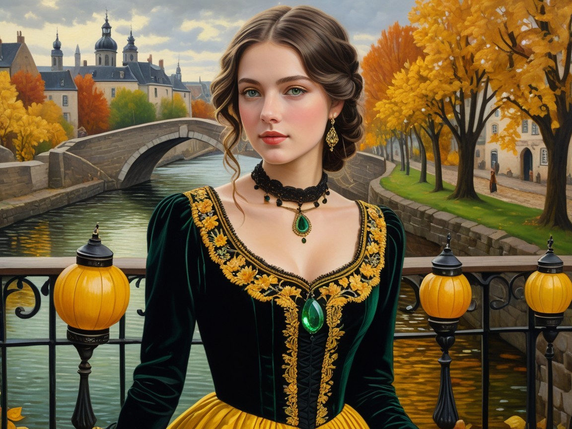 Young woman by autumn canal in elegant green dress