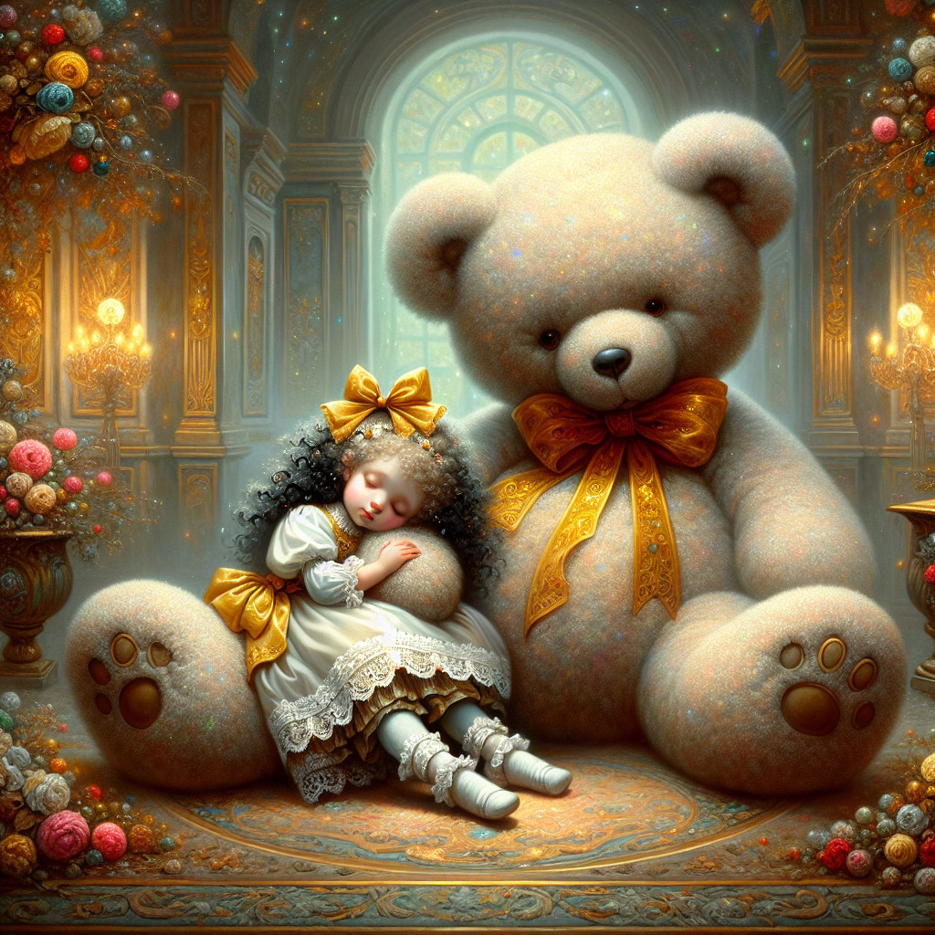 Whimsical Scene of Teddy Bear and Sleeping Girl