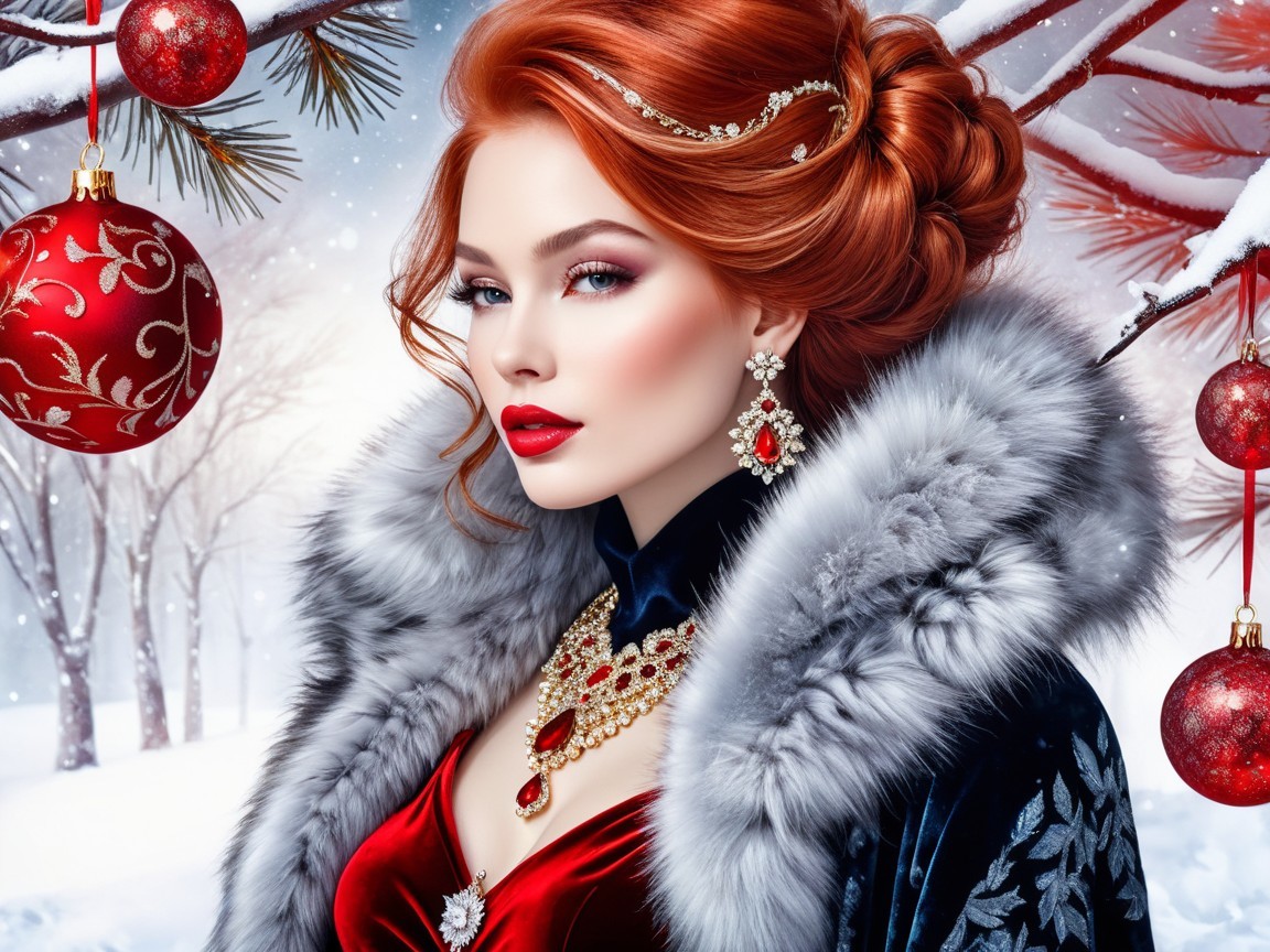 Elegant Woman in Navy Gown with Red Gem Jewelry