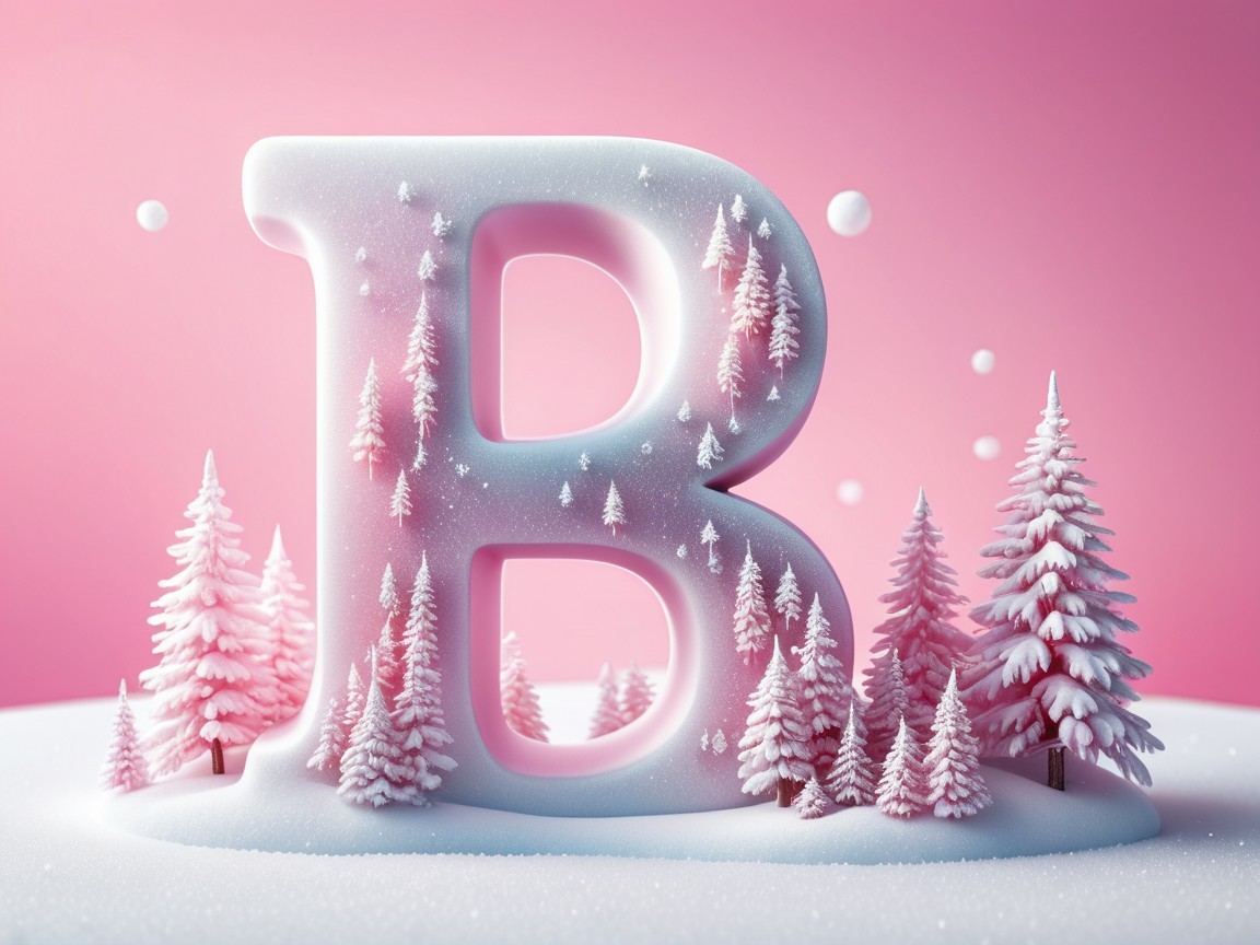 Large Pink Letter B on Snowy Surface with Trees