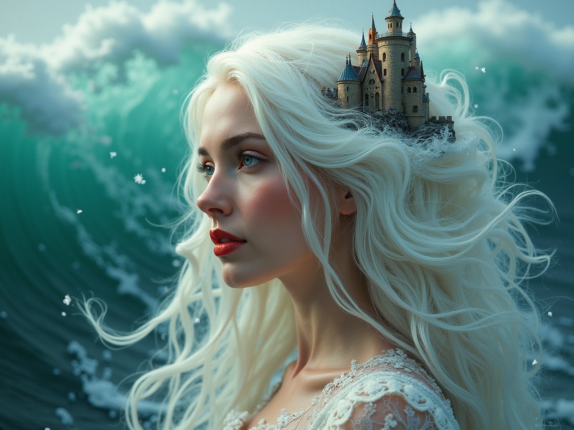 Young Woman with White Hair and Ocean Waves Backdrop
