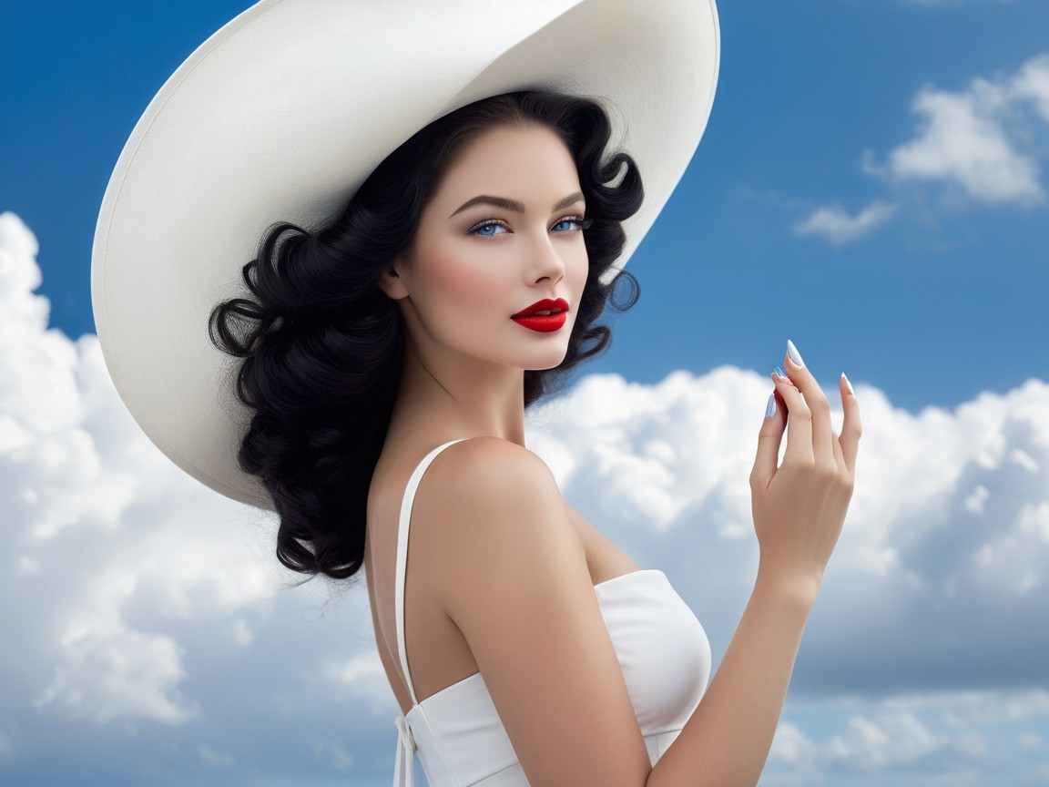 Elegant Woman in White Sundress Against Blue Sky
