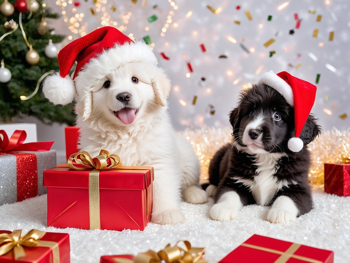 Puppies in Santa Hats with Christmas Decorations