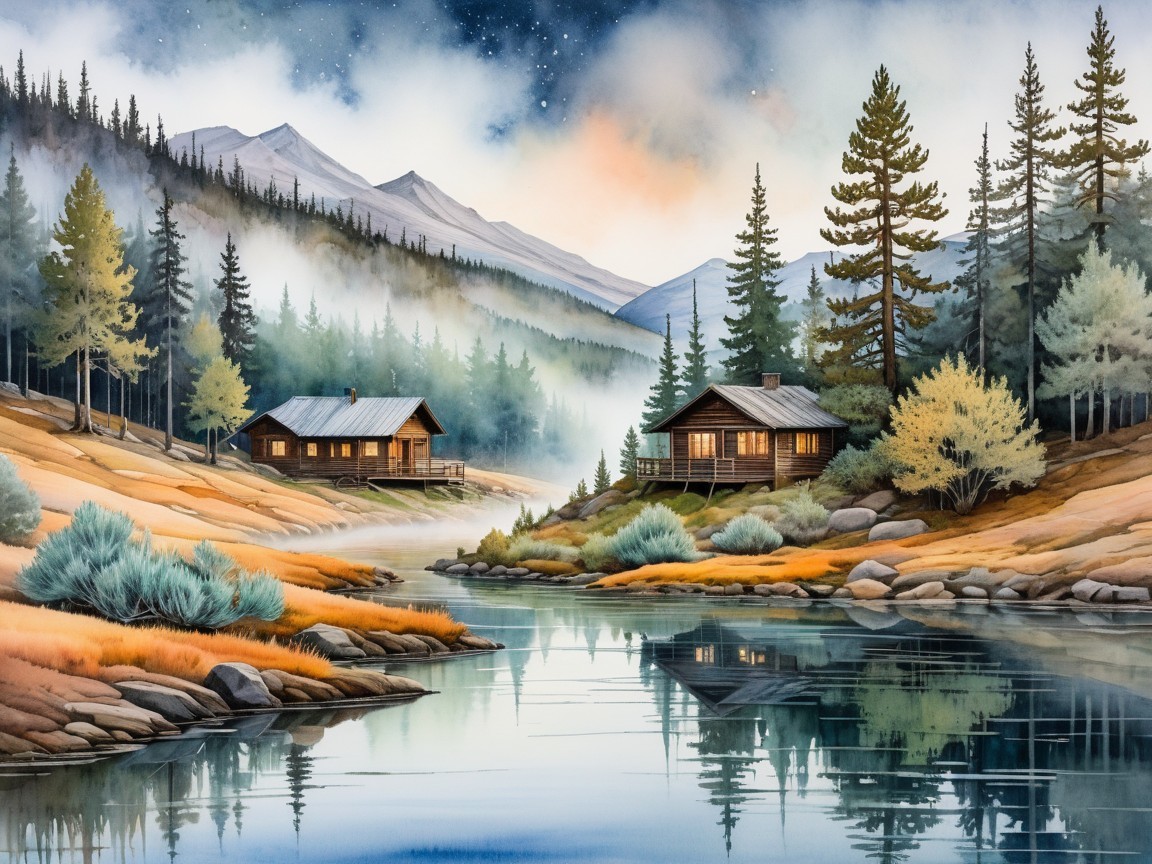 Serene Landscape with Cabins by a Tranquil River