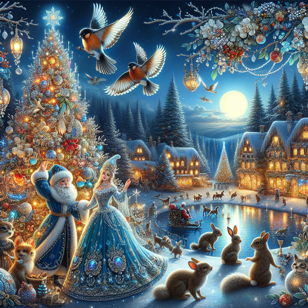 Magical Winter Scene with Christmas Tree and Couples